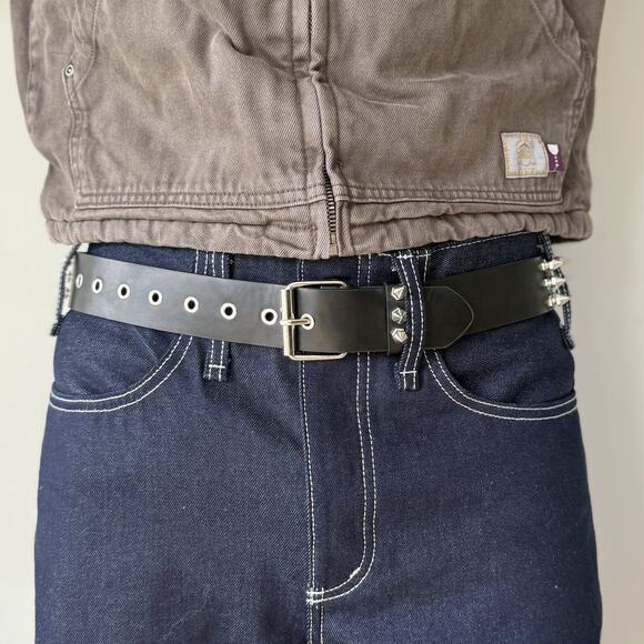 Y2K Black Leather Punk Belt Silver Studs Adjustable Fits 26-36 Unisex Style - Picture 7 of 13